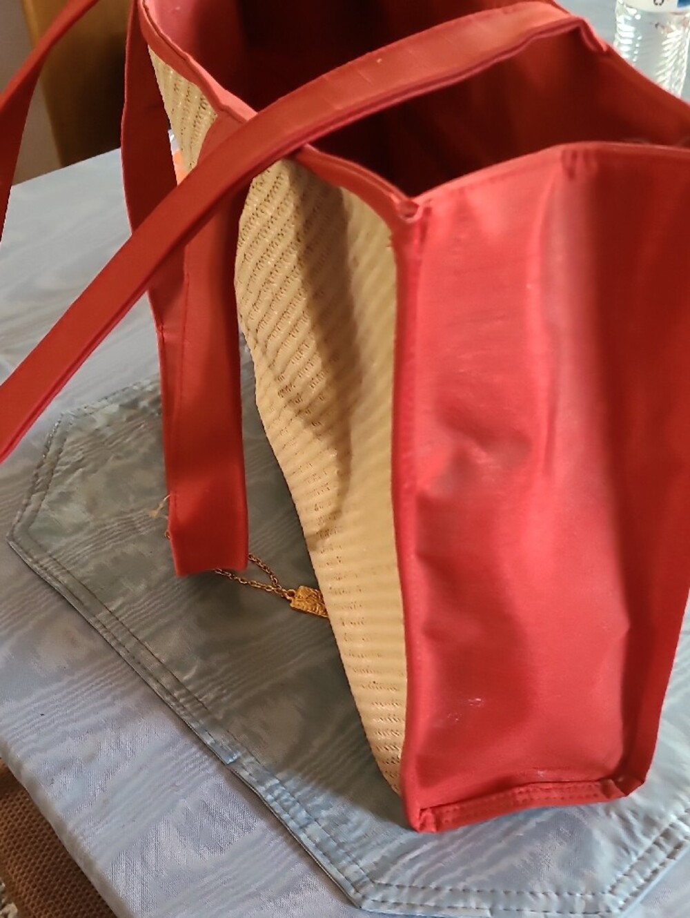 Yves Saint Laurent Straw Tote with Red Trim and Gold Charm - Picture 3 of 6